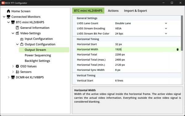 BECK TFT controller software "Video Stream Settings"